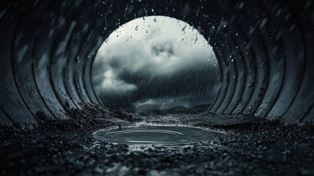 This captivating image captures a dark drainage pipe, surrounded by heavy rain and stormy skies. The high contrast enhances the atmosphere, creating a dramatic visual suitable for various themes.の素材