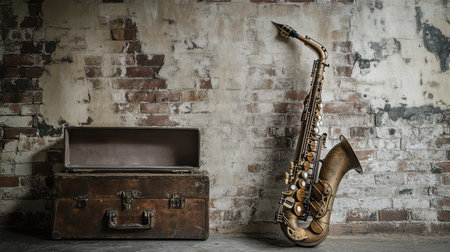 This captivating image features a vintage saxophone resting against a textured brick wall, complemented by a rustic suitcase. Ideal for music-related projects and creative endeavors, this composition exudes a nostalgic charm that appeals to music enthusiasts and artists alike.の素材