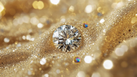 A breathtaking close-up of a sparkling diamond on a shimmering golden surface, showcasing exceptional clarity and brilliance against a glimmering background.の素材
