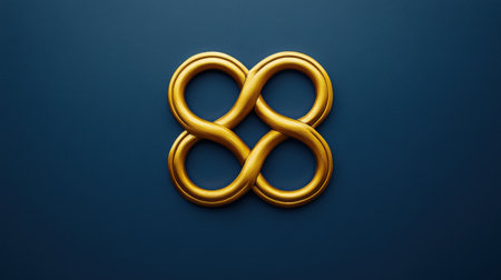 This image features an elegant gold infinity symbol against a deep blue background, creating a striking contrast. It's an ideal design element for branding or marketing.の素材