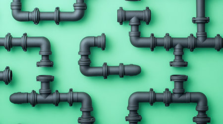 This image showcases an arrangement of black plastic pipes on a vibrant green background, ideal for illustrating plumbing, industrial, or construction themes.の素材