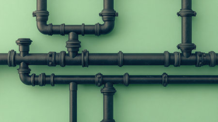 This image showcases a complex assembly of industrial pipes against a green backdrop, ideal for illustrating construction, plumbing, and engineering concepts.の素材