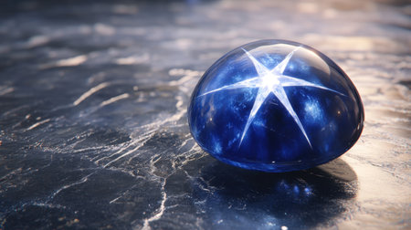 A stunning blue star gemstone rests elegantly on a reflective surface, capturing light and showcasing its intricate details. Ideal for designs emphasizing luxury and beauty.の素材