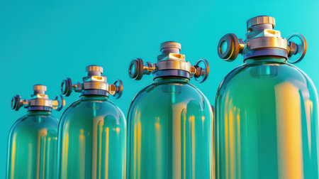 A series of transparent gas cylinders with valves displayed against a vibrant backdrop, emphasizing the importance of safety in industrial settings.の素材
