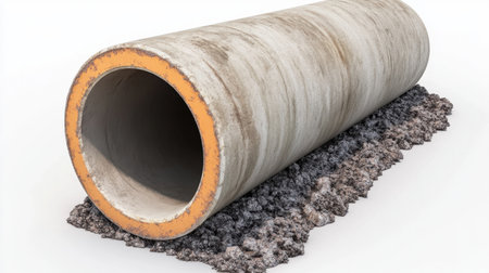 A large industrial concrete pipe featuring a rough texture and distinct orange edge. Perfect for showcasing construction materials in various infrastructure projects.の素材