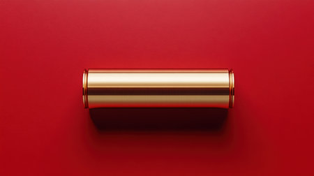 A sleek golden cylindrical container is centered on a bold red background, creating a striking visual contrast suitable for modern design themes.の素材