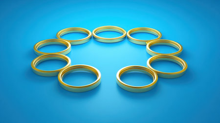 This striking image features a series of golden circles arranged in a unique pattern against a vibrant blue background. Ideal for creative or business projects.の素材