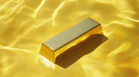 A stunning gold bar floats gracefully on a shimmering liquid surface, reflecting sunlight and creating a luxurious atmosphere perfect for finance and wealth themes.の素材