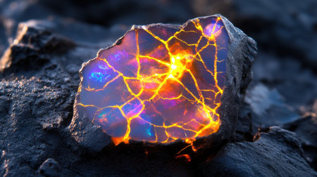 This captivating gemstone displays a remarkable array of vibrant colors and fiery patterns, creating an enchanting visual effect against a dark backdrop.の素材