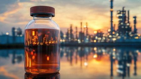 A glass bottle filled with amber liquid sits in the foreground, reflecting the dramatic colors of a sunset over an industrial plant, symbolizing energy production.の素材