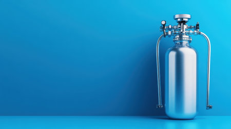 A modern silver fire extinguisher stands against a vibrant blue background, emphasizing the importance of safety and emergency preparedness in various settings.の素材