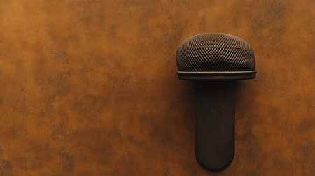 This close-up image features a black microphone against a textured brown background, perfect for music, audio, and media related projects.の素材