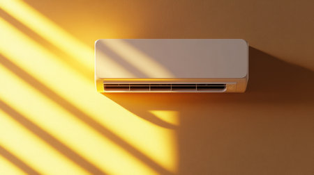 This image features a modern air conditioner mounted on a warm yellow wall, showcasing sleek design and soft shadows from natural light. Ideal for illustrating home comfort and energy solutions.の素材