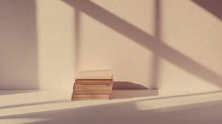 This serene composition features a stack of books on a minimalist surface, bathed in soft light and subtle shadows, creating a tranquil atmosphere perfect for study or reflection.の素材