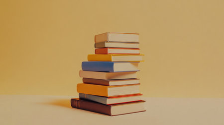 A vibrant arrangement of stacked books against a soft background, perfect for themes related to education, reading, knowledge, and creativity.の素材