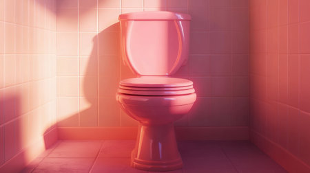 This image features an elegant pink toilet set in a brightly lit bathroom, showcasing soft shadows and clean tiles for a modern aesthetic.の素材