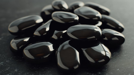 A cluster of glossy black stones resting on a dark surface, showcasing their smooth texture and elegant curves, perfect for abstract and decorative themes.の素材