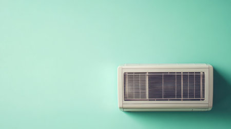 This image showcases a sleek air conditioning unit mounted on a vibrant turquoise wall. Ideal for depicting modern home comfort and energy efficiency in interior spaces.の素材