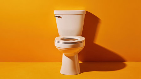 A modern white toilet showcased against a vibrant orange background, highlighting its clean lines and essential role in home decor. Ideal for bathroom-themed projects.の素材