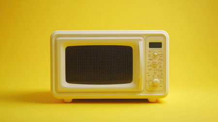 This image features a vintage style microwave set against a bright yellow background, showcasing a classic kitchen appliance with nostalgic design elements.の素材