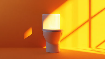 A modern toilet stands against a vibrant yellow wall, softly illuminated by natural light. The interplay of shadows creates a warm, inviting atmosphere in a stylish bathroom setting.の素材