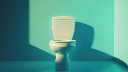 A striking minimalist toilet design with a focus on modern aesthetics, enhanced by soft teal lighting. This image showcases sleek lines and subtle shadows, perfect for contemporary interiors.の素材
