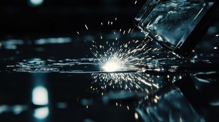 A striking image of a glass containing ice cubes, splashing water against a dark background, creating dynamic reflections and shimmering droplets.の素材