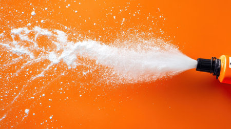 A vibrant orange backdrop showcases a white powder spray emanating from a container, creating a striking visual effect perfect for creative projects.の素材