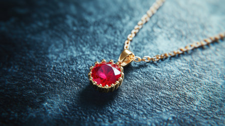 Stunning gold necklace featuring a radiant red gemstone pendant set against a textured blue background, perfect for stylish occasions or special gifts.の素材