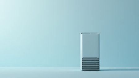 A sleek and modern air purifier stands against a soft blue background, symbolizing clean air technology for homes and offices. Ideal for enhancing indoor air quality.の素材