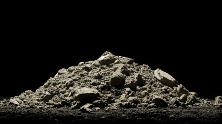 This image features a pile of light gray powder set against a dark background. The dramatic lighting emphasizes the texture and contours of the material, creating a striking visual.の素材