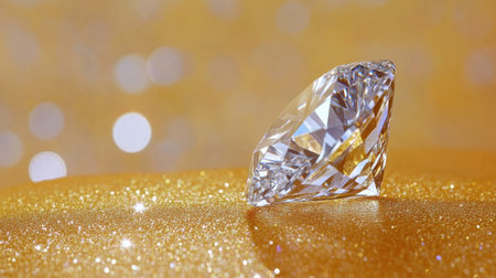 A stunning close-up of a sparkling diamond resting on a golden surface, enhanced by a soft bokeh background, perfect for themes of luxury and elegance.の素材