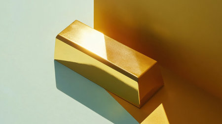 A striking image of a shiny gold bar resting against a pastel-colored background, capturing light and shadow for luxury and financial themes.の素材