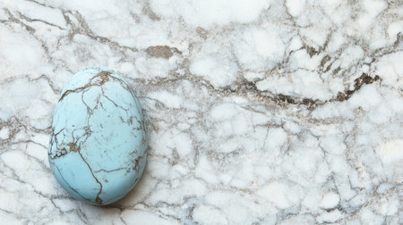 A striking turquoise stone rests on an elegant marble background, showcasing intricate veining and natural beauty. Perfect for artistic presentations.の素材