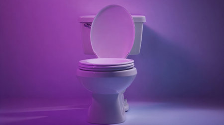 A modern toilet captured in soothing purple lighting, showcasing a sleek and minimalist design ideal for contemporary bathrooms. Perfect for inspiring decor ideas.の素材