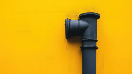 A close-up of a black drain pipe attached to a vibrant yellow wall, showcasing a striking contrast. The image highlights modern urban design with a clean and minimal aesthetic.の素材