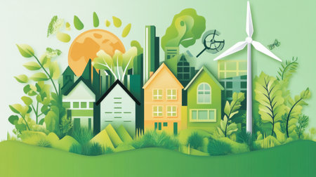 Vibrant illustration of an eco-friendly urban landscape showcasing renewable energy solutions, green architecture, and nature harmony. Ideal for environmental themes.の素材