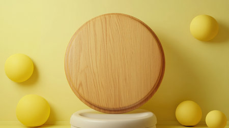 A round wooden board against a bright yellow background features minimalist design elements, ideal for home decor or culinary inspiration. Perfect for showcasing elegance and simplicity.の素材