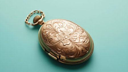 This vintage pocket watch showcases intricate floral designs, emphasizing elegant craftsmanship against a soft blue backdrop, ideal for various themes.の素材