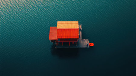 This stunning aerial photograph captures a vibrant red house floating on tranquil blue water, creating a serene and picturesque scene perfect for travel and nature themes.の素材