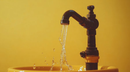A striking image of water flowing from a black faucet into a yellow container set against a warm yellow background, showcasing the beauty of water.の素材