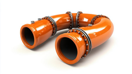 A dynamic image showcasing an orange industrial pipe with flanges, emphasizing its curved design suitable for various engineering and construction uses.の素材