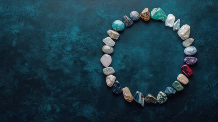 A captivating arrangement of diverse natural stones and crystals forms a perfect circle on a textured dark blue backdrop, ideal for promoting tranquility and beauty.の素材