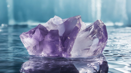 A stunning amethyst crystal stone rests serenely on the calm surface of water, capturing the essence of beauty and elegance in a tranquil setting.の素材