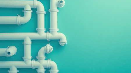 This image showcases a modern, abstract arrangement of white pipes against a vibrant turquoise wall, highlighting an industrial design aesthetic and creativity.の素材