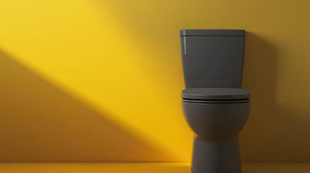A sleek gray toilet is positioned against a vibrant yellow wall, illuminated by natural light that casts striking shadows, showcasing modern bathroom design.の素材