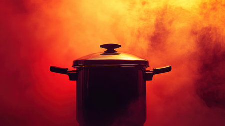 A stunning silhouette of a cooking pot emerges from vibrant colors and billowing steam, creating an evocative scene perfect for culinary inspiration.の素材