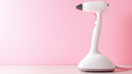 A sleek and stylish steam cleaner appliance with a minimalist design, ideal for maintaining hygiene and freshness in fabric care, set against a vibrant pink background.の素材