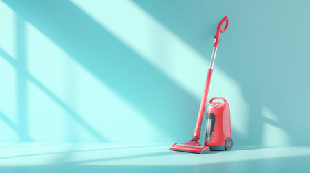 A bright red vacuum cleaner stands against a light blue wall, creating an eye-catching, minimalist aesthetic. Ideal for home cleaning visuals, showcasing hygiene and modern design.の素材