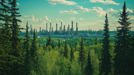 A stunning view of an oil refinery nestled within a vibrant green forest under a blue sky. The image captures the contrast between nature and industrial architecture, highlighting the energy sector's impact.の素材